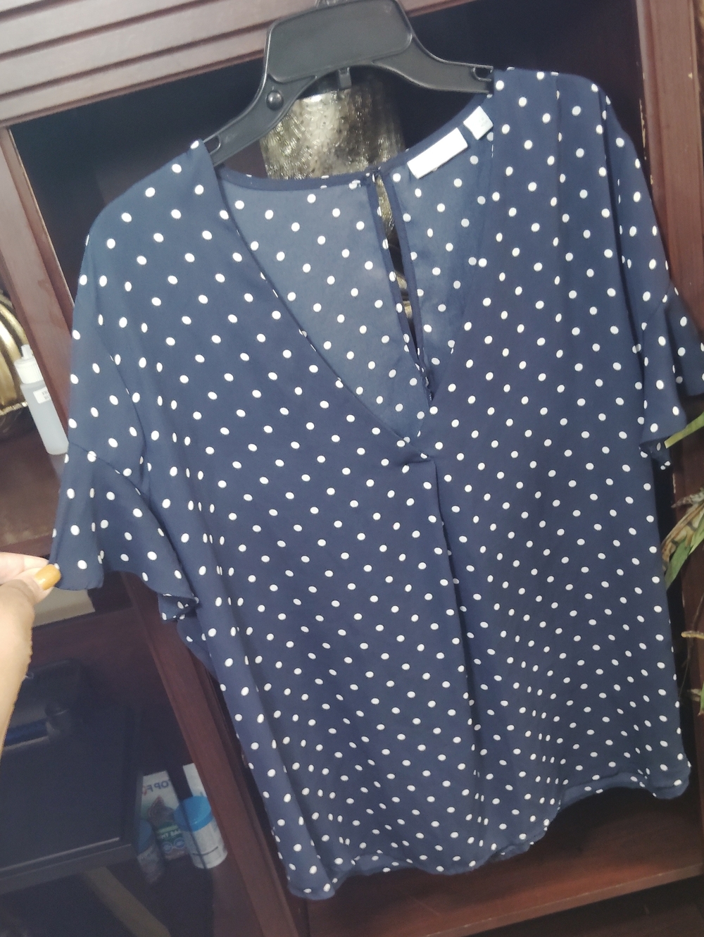 New York & Company Navy Polka Dot V-Neck Blouse